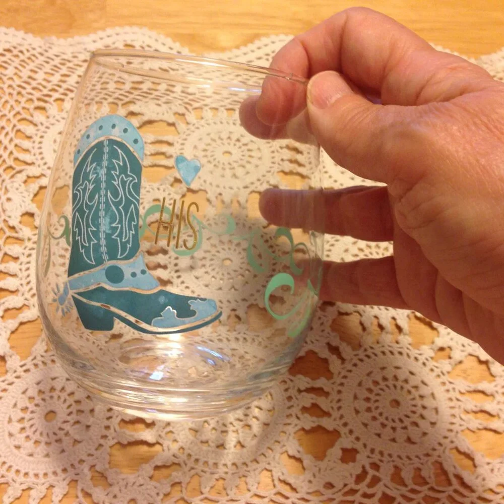 Cowboy Wedding Glasses, His and Hers weighted wine glasses